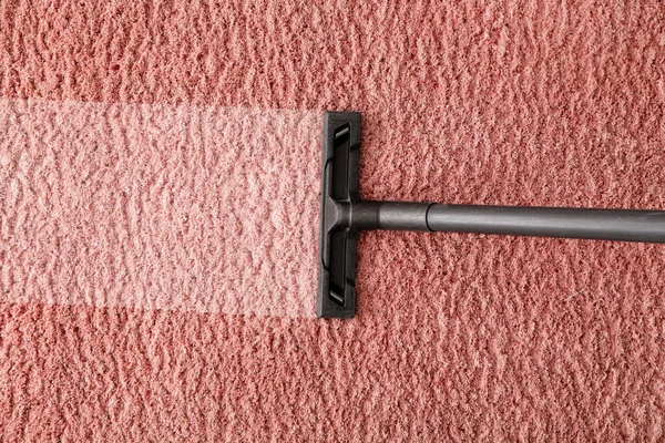 Vacuum Cleaner Removing Dirt Modern Carpet Top View — стоковое фото
