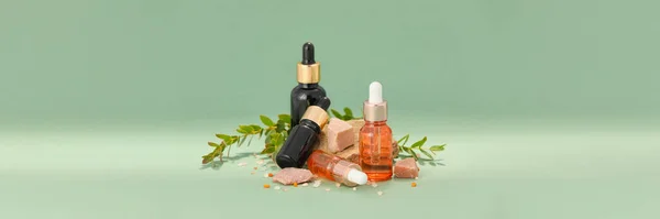 Bottles Cosmetic Serum Herbal Extract Green Background Space Text — Stock Photo, Image