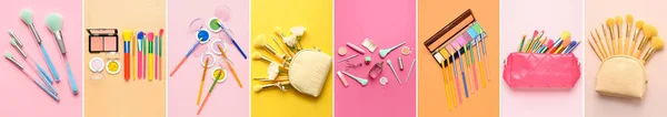 Set Van Decoratieve Cosmetica Make Borstels Kleurrijke Achtergrond Bovenaanzicht — Stockfoto