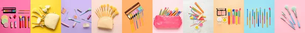 Set Decorative Cosmetics Makeup Brushes Colorful Background Top View — стоковое фото