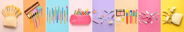 Renkli Arka Plan Üst Görünüm Dekoratif Kozmetik Makyaj Fırçaları Seti — Stok fotoğraf