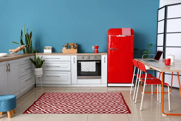 Interior Modern Kitchen Red Fridge Carpet — Stock Photo, Image