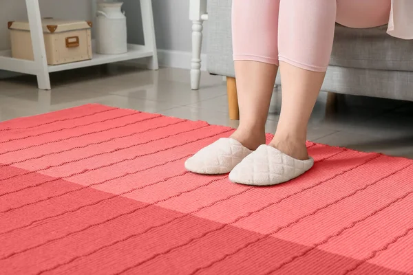 Legs Young Woman Slippers Stylish Red Carpet Home — Stock Photo, Image