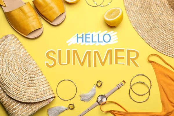 Set Female Beach Accessories Text Hello Summer Yellow Background — Fotografia de Stock