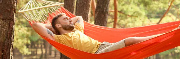 Handsome Young Man Relaxing Hammock Outdoors — Stock Fotó