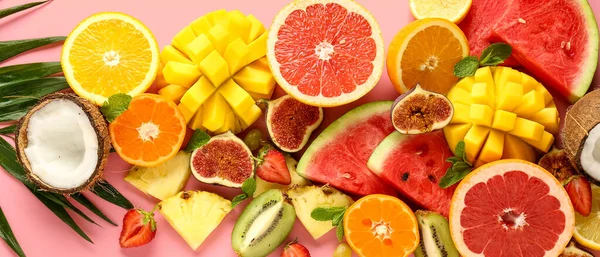 Sweet Tropical Fruits Pink Background — Zdjęcie stockowe