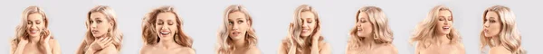 Set Van Jonge Blonde Vrouw Met Mooi Haar Lichte Achtergrond — Stockfoto