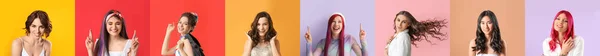 Set Van Mooie Vrouwen Met Stijlvol Kapsel Kleurrijke Achtergrond — Stockfoto