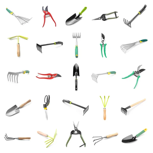 Set Many Gardening Tools Isolated White — Photo