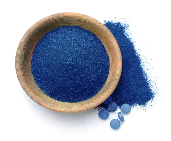 Bowl Blue Spirulina Powder Pills White Background — Stock Photo, Image