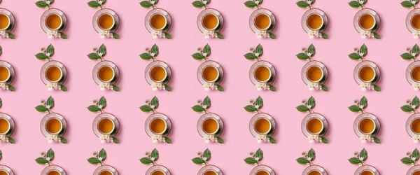 Viele Tassen Jasmintee Auf Rosa Hintergrund Muster Für Die Gestaltung — Stockfoto