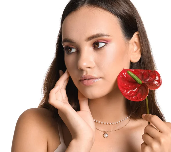 Beautiful Woman Hand Face Holding Anthurium Flower White Background — Photo