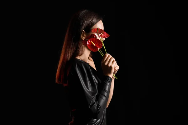 Young Woman Closing Face Bouquet Anthurium Flowers Black Background — Stock Photo, Image