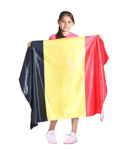 Kleines Mädchen Mit Belgischer Flagge Auf Weißem Hintergrund — Stockfoto