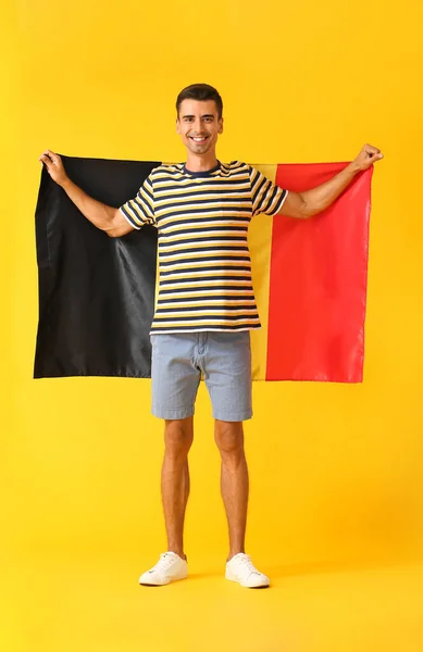 Young Man Flag Belgium Color Background — Stock Photo, Image