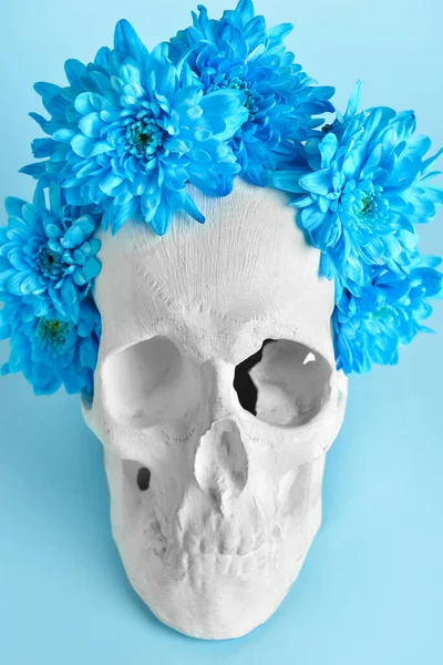 Human Skull Flowers Blue Background — Fotografia de Stock