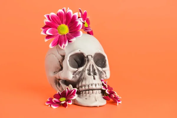 Human Skull Beautiful Flowers Color Background — Stock Photo, Image