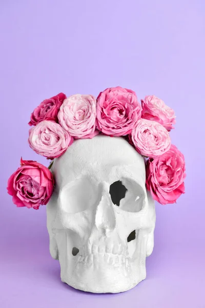 Menselijke Schedel Met Bloemen Paarse Achtergrond — Stockfoto