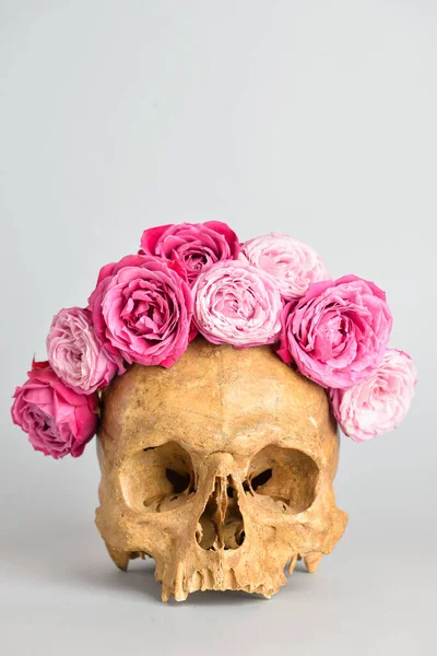 Gri arka planda çiçekli insan kafatası