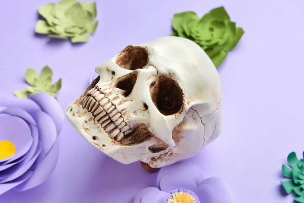 Human Skull Handmade Paper Flowers Purple Background Closeup — Stock Photo, Image