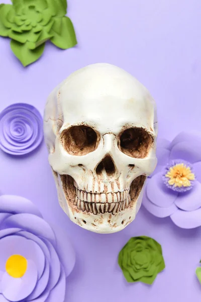 Human Skull Handmade Paper Flowers Purple Background — Stock Photo, Image