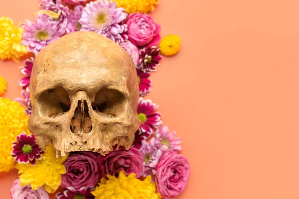 Human Skull Flowers Orange Background — Stock Photo, Image