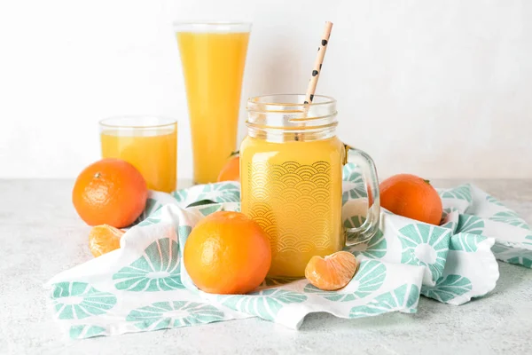 Mason Jar Delicious Tangerine Juice Light Background — Stock Photo, Image