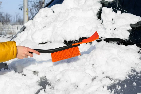 Woman Removing Snow Car Winter Day —  Fotos de Stock