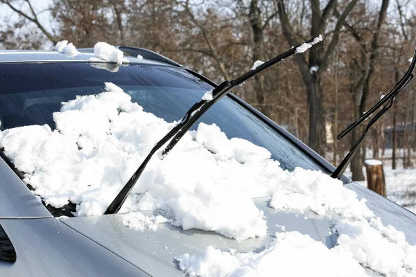 Szyba Samochodowa Pokryta Śniegiem Mroźny Zimowy Dzień — Zdjęcie stockowe