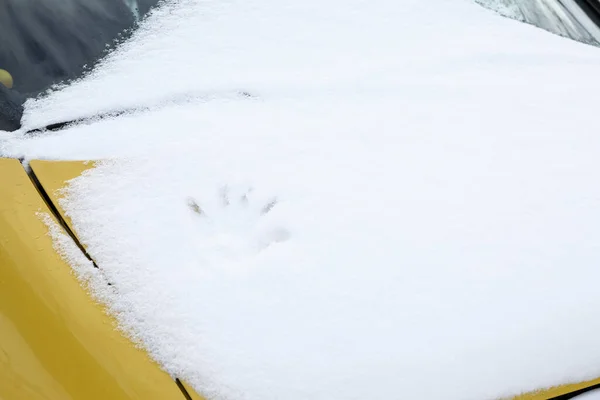 Handprint Snow Covered Car — Stock Photo, Image