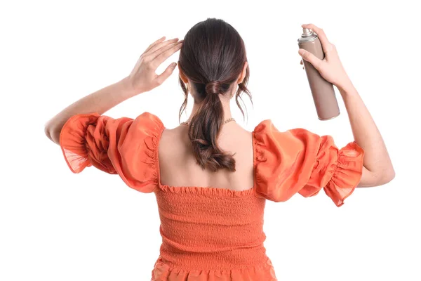 Schöne Junge Frau Mit Haarspray Isoliert Auf Weiß Rückseite — Stockfoto