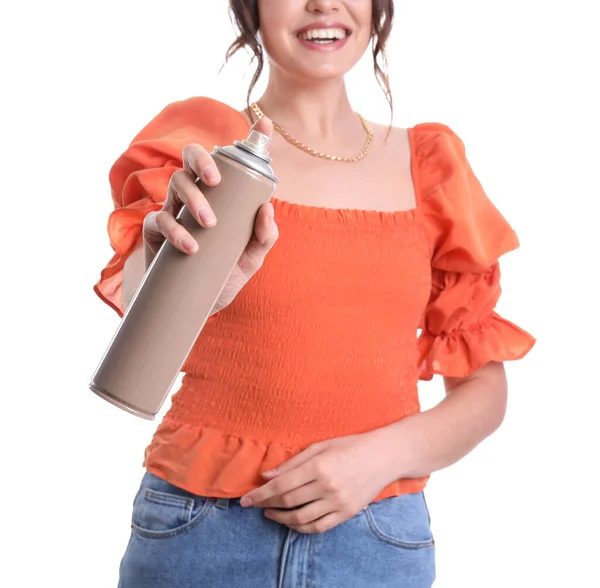 Hermosa Mujer Joven Con Spray Para Cabello Aislado Blanco —  Fotos de Stock