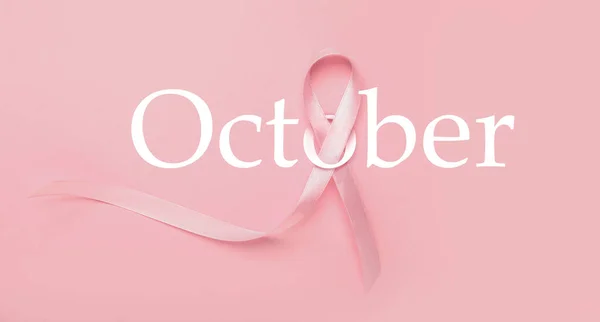 Pink Ribbon Word October Color Background Breast Cancer Awareness Month — Stock Photo, Image