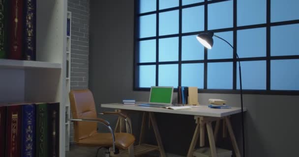 Laptop Blank Screen Workplace Evening — Stock Video