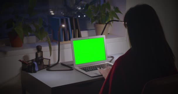 Young Woman Using Modern Laptop Table Evening — Stockvideo