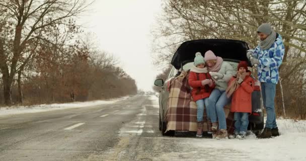 Happy Family Drinking Hot Tea Car Winter Day Video Clip