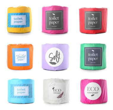 Beyaza izole edilmiş renkli tuvalet kağıdı seti