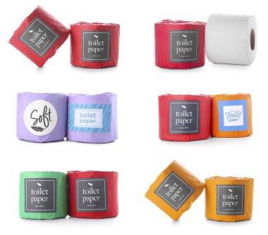 Beyaza izole edilmiş renkli tuvalet kağıdı seti