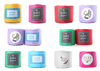 Beyaza izole edilmiş renkli tuvalet kağıdı seti