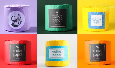 Renkli arka planda tuvalet kağıdı kümesi