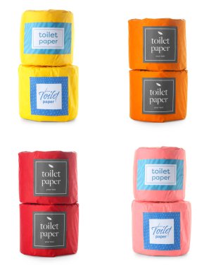 Beyaza izole edilmiş renkli tuvalet kağıdı seti