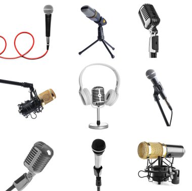 Beyaza izole edilmiş farklı mikrofonlar.