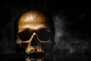 Siyah arka planda insan kafatası ve duman