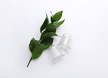 Anti-selülit masajı için vakum kavanozları ve beyaz arka planda bitki dalları