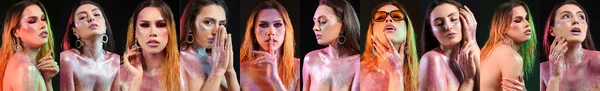 Set Fashionable Transgender Woman Young Girl Glitters Body Dark Background — 스톡 사진