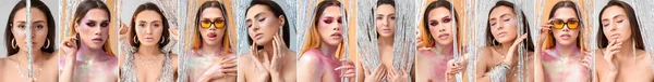 Sada Módní Transgender Žena Mladá Dívka Třpytkami Těle Barevném Pozadí — Stock fotografie