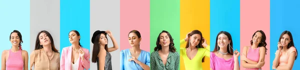 Set Fashionable Young Women Glitters Body Colorful Background — 스톡 사진