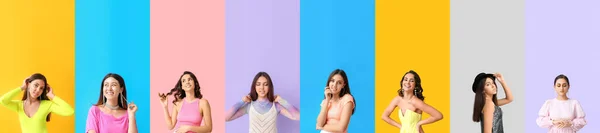 Conjunto Mulheres Jovens Moda Com Brilhos Corpo Contra Fundo Colorido — Fotografia de Stock