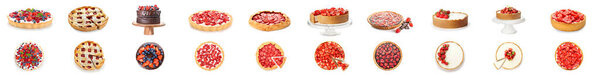 Set of tasty cakes with juicy strawberry on white background