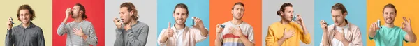 Uppsättning Ung Man Med Inhalator Färgglad Bakgrund — Stockfoto